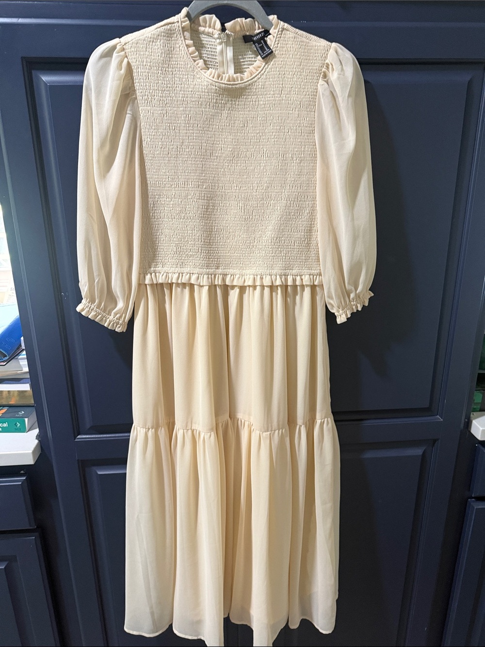 Forever 21 Cream Smocked Ruffle Neck Midi Dress